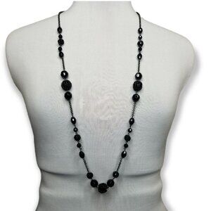 Avon Long Necklace Gunmetal Tone Chain Large Black Beads Seed Beads Goth Witch